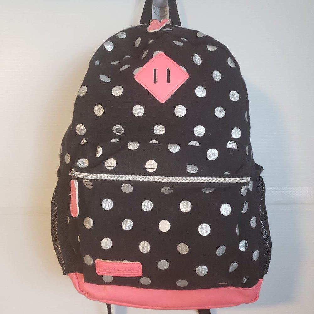 RENWICK Backpack pink salmon black white gray polka dot front pocket small 2 mid